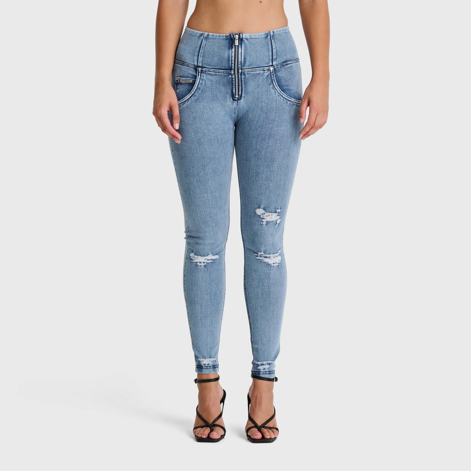 WR.UP® SNUG Distressed Jeans - High Waisted - Full Length - Light Blue + Blue Stitching 2