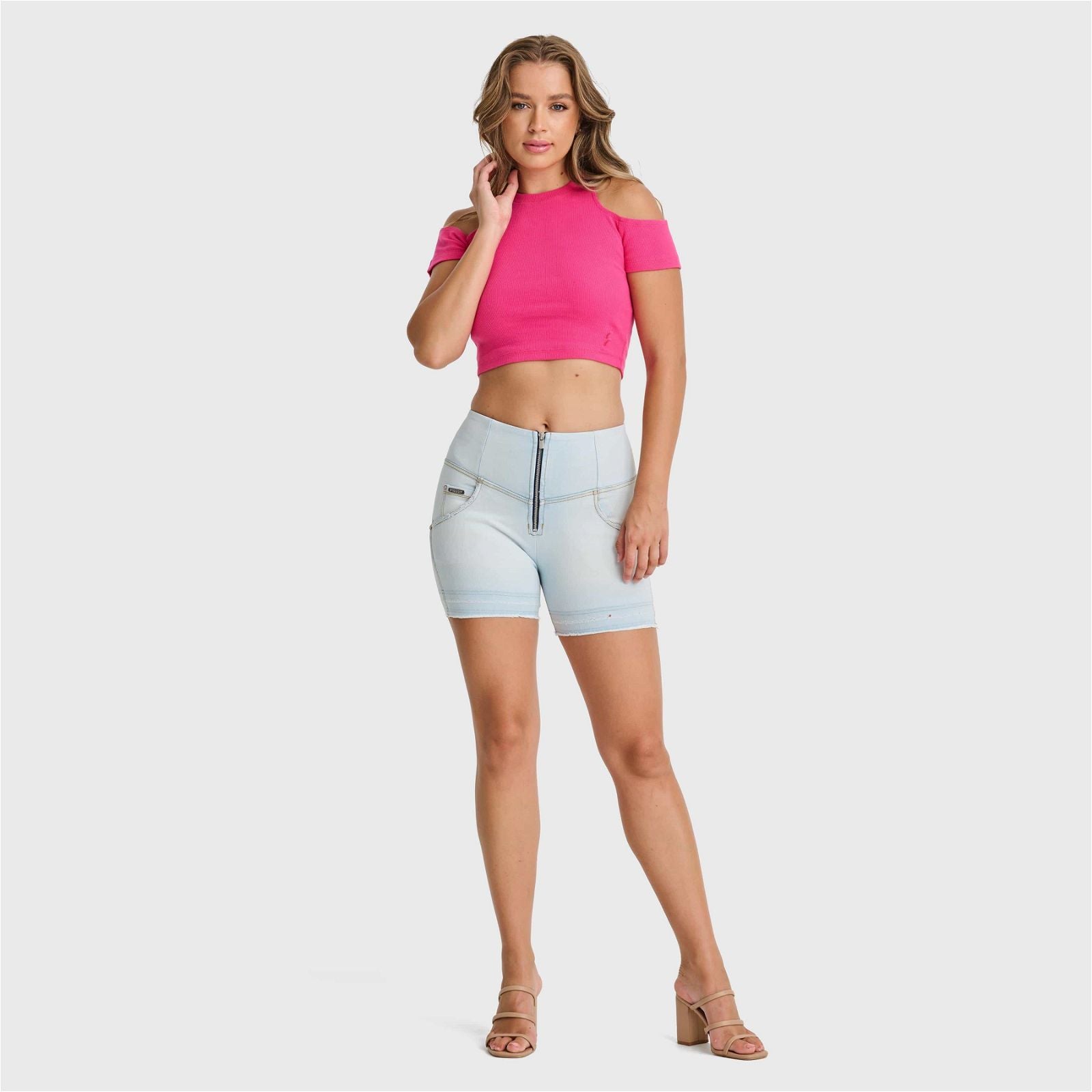 WR.UP® SNUG Jeans - High Waisted - Shorts - Baby Blue + Yellow Stitching 3