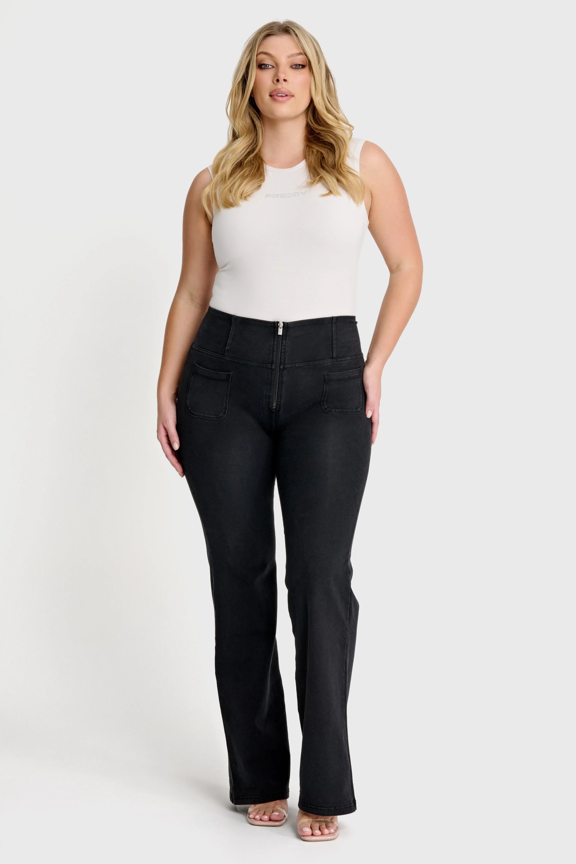 WRUP Denim with Front Pockets - Super High Waisted - Flare - Black + Black Stitching 1