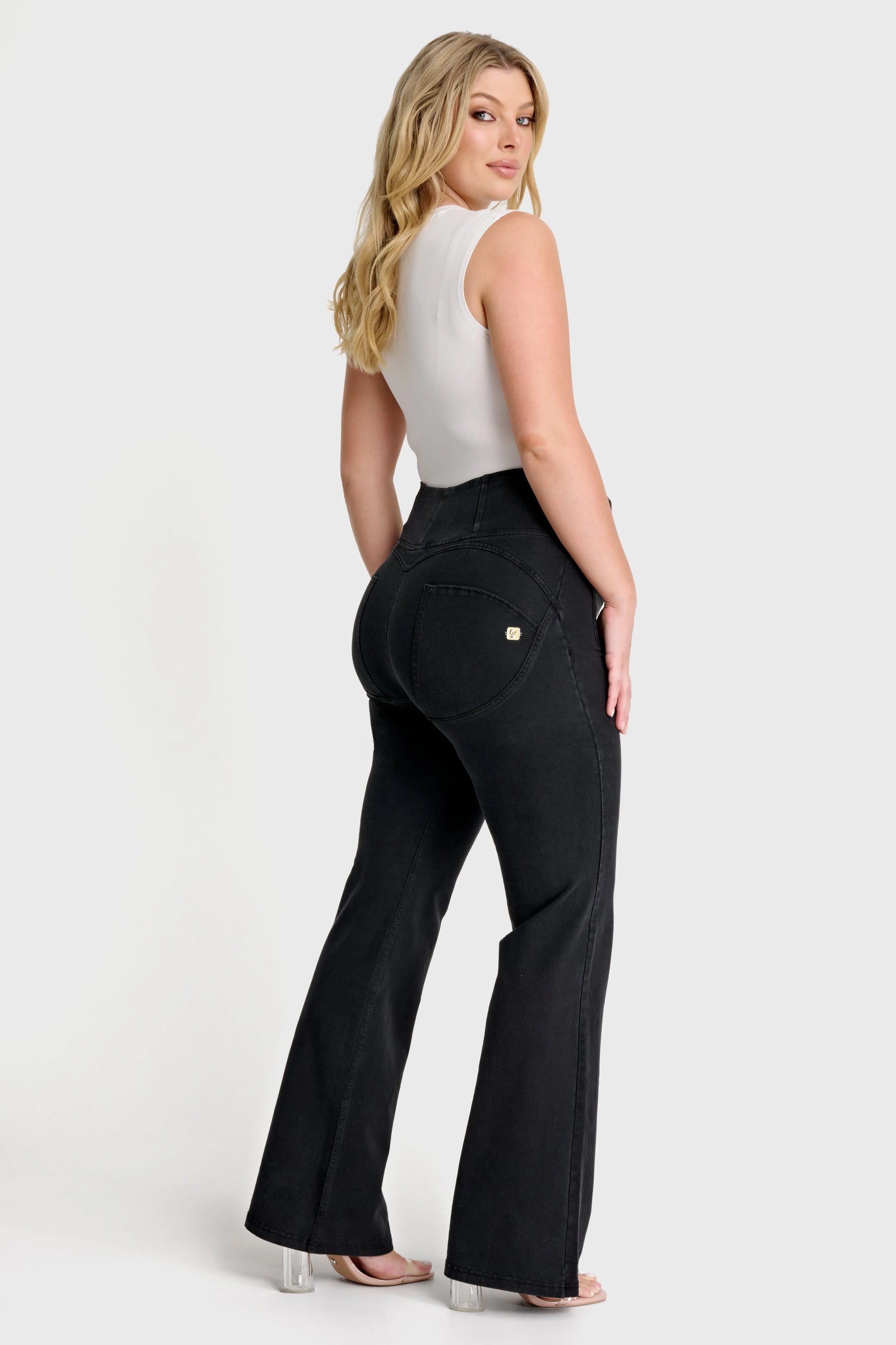 WRUP Denim with Front Pockets - Super High Waisted - Flare - Black + Black Stitching 2