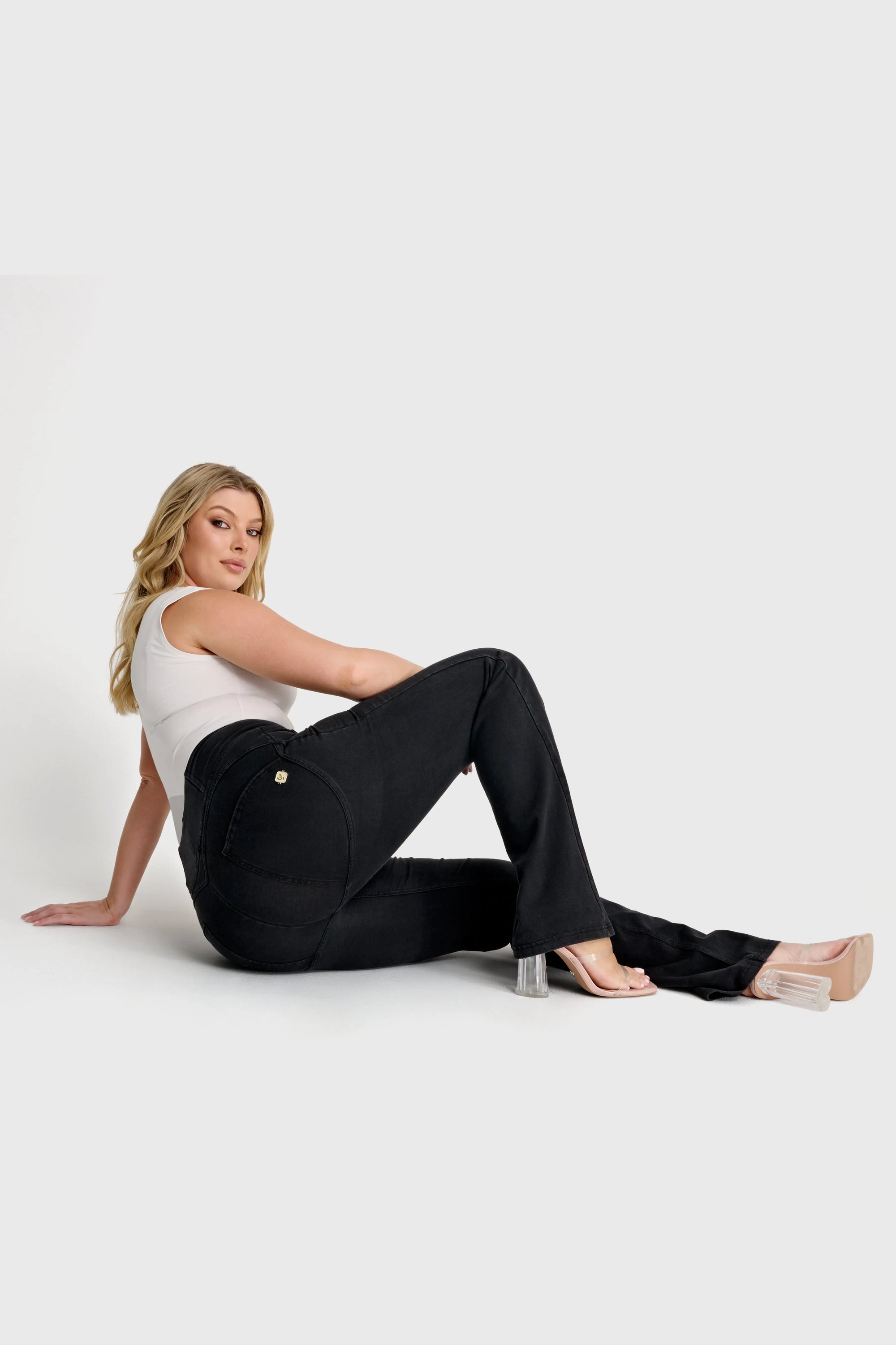 WRUP Denim with Front Pockets - Super High Waisted - Flare - Black + Black Stitching 3