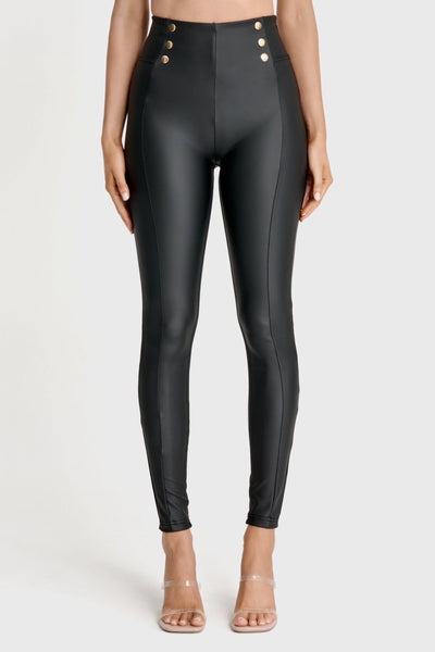 WRUP Faux Leather with Button Detail - Super High Waisted - Full Length - Black