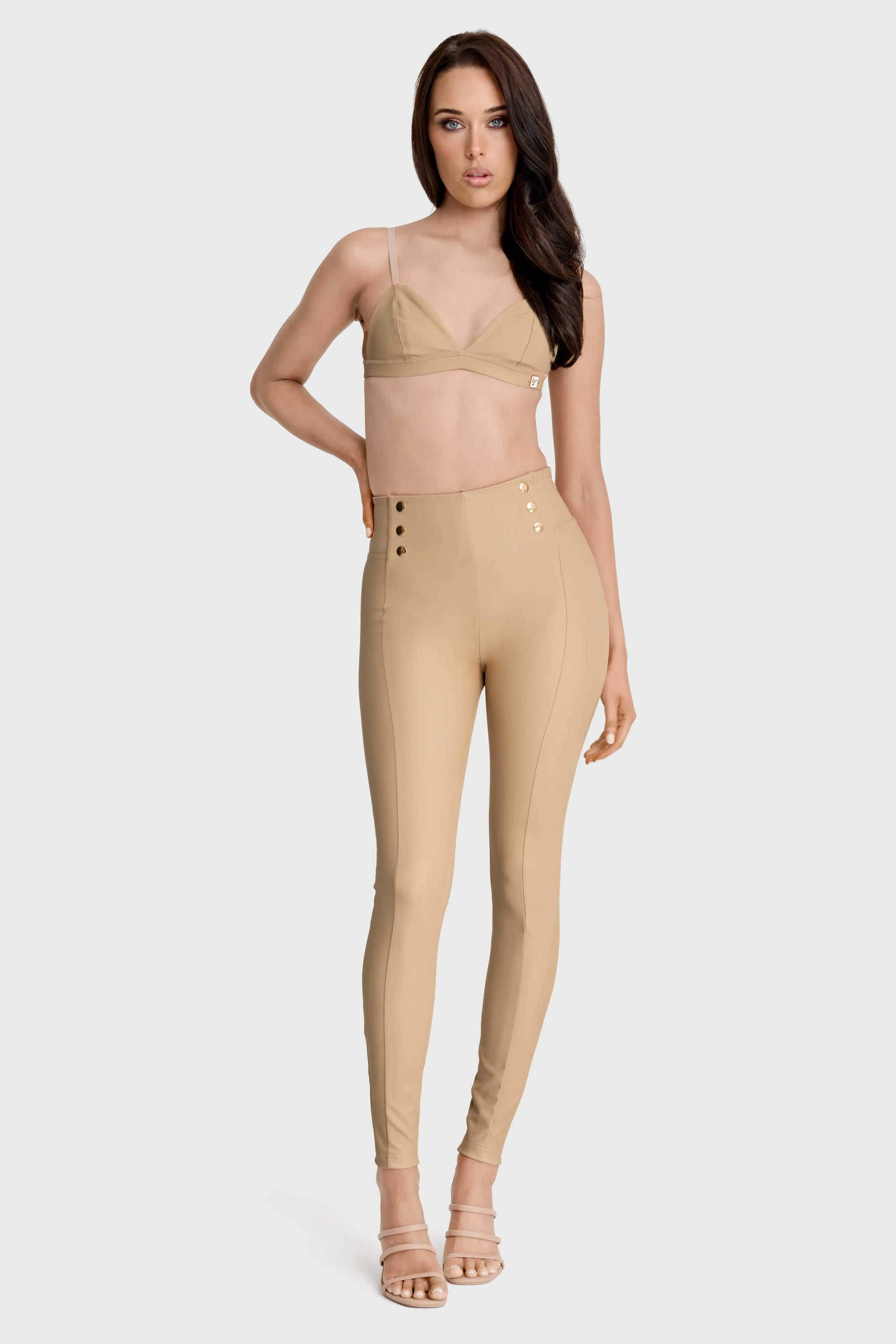 WRUP Faux Leather with Button Detail - Super High Waisted - Full Length - Sand 2