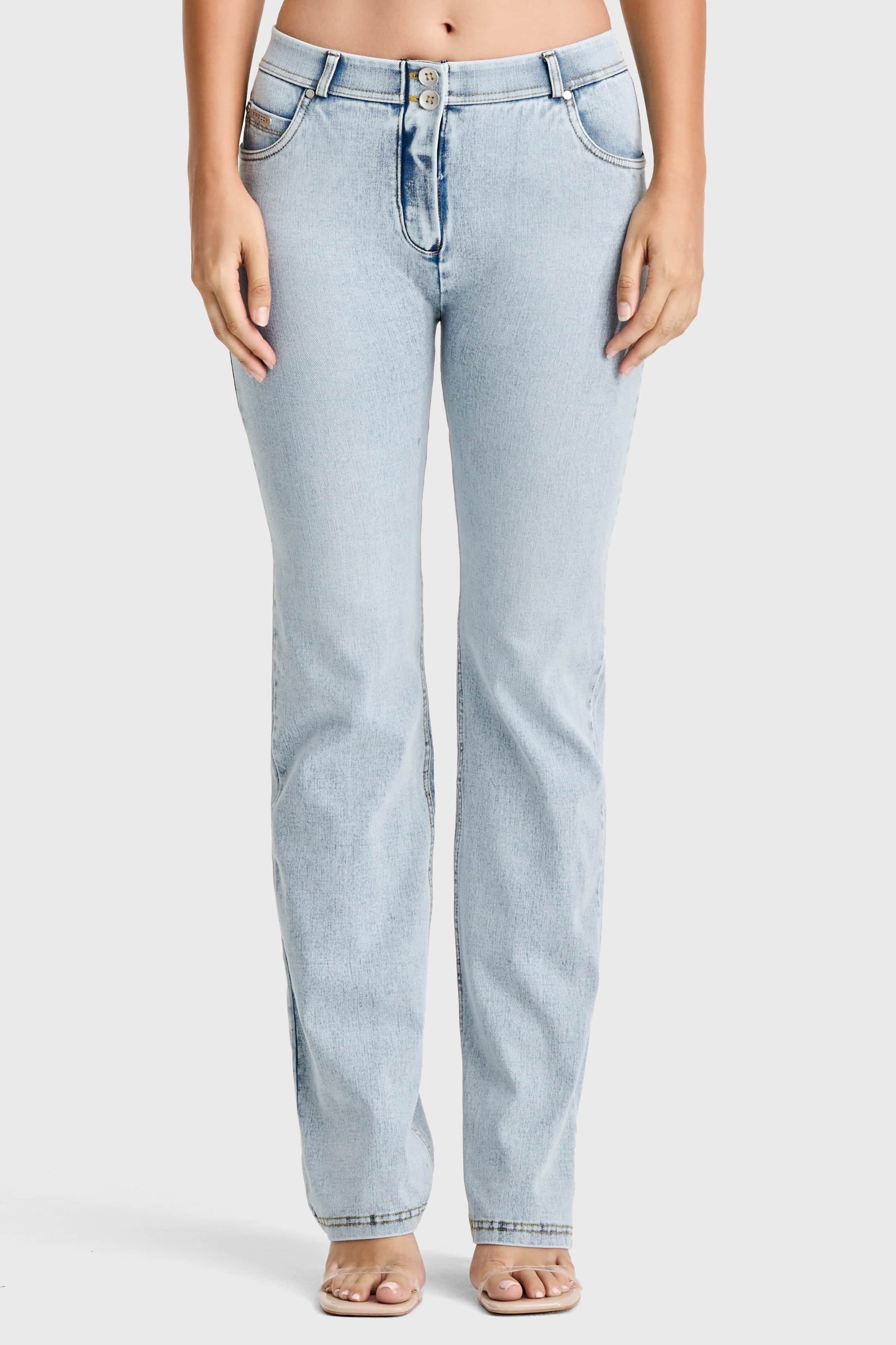 WR.UP® Snug Jeans - 2 Button High Waisted - Bootcut - Light Blue + Yellow Stitching 3