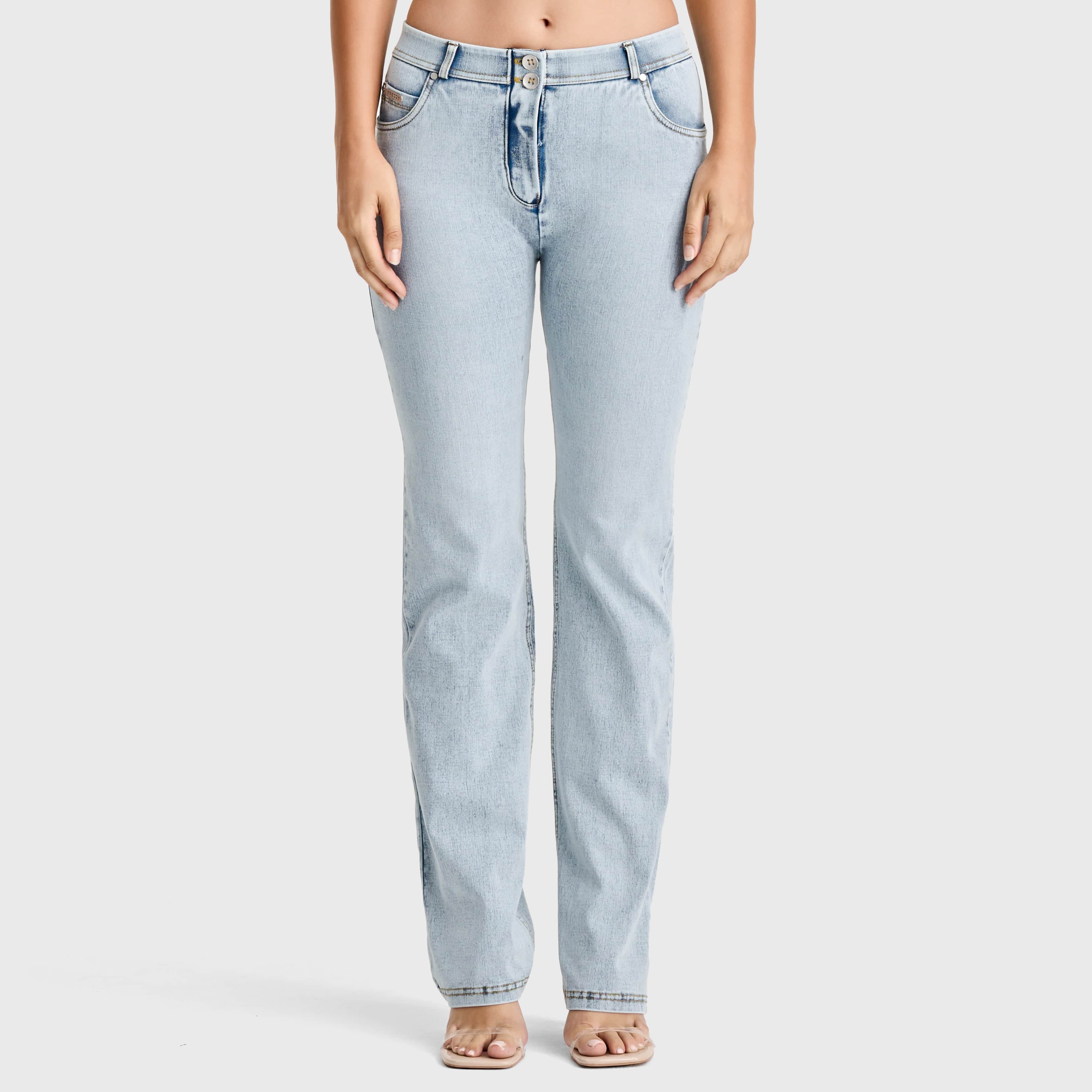WR.UP® Snug Jeans - 2 Button High Waisted - Bootcut - Light Blue + Yellow Stitching 2