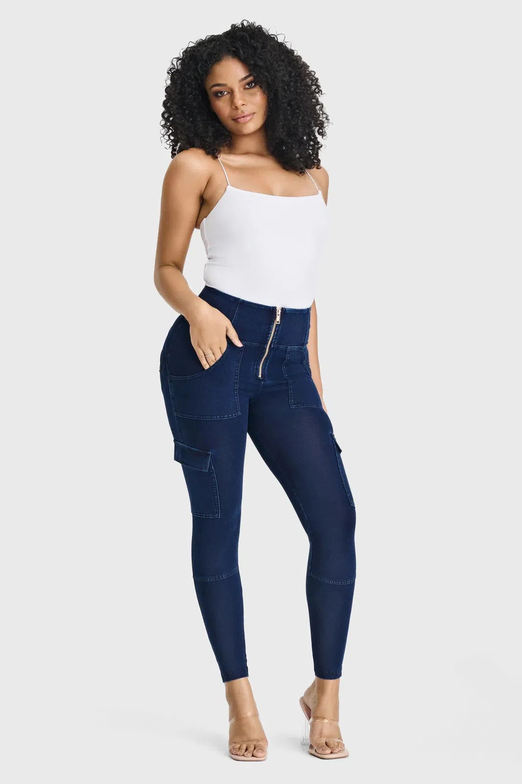 WRUP Cargo Denim - High Waisted - 7/8 Length - Dark Blue + Blue Stitching 2