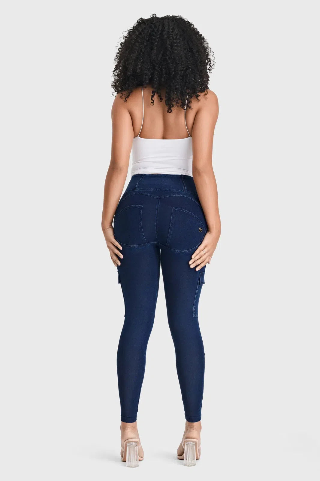WRUP Cargo Denim - High Waisted - 7/8 Length - Dark Blue + Blue Stitching 3