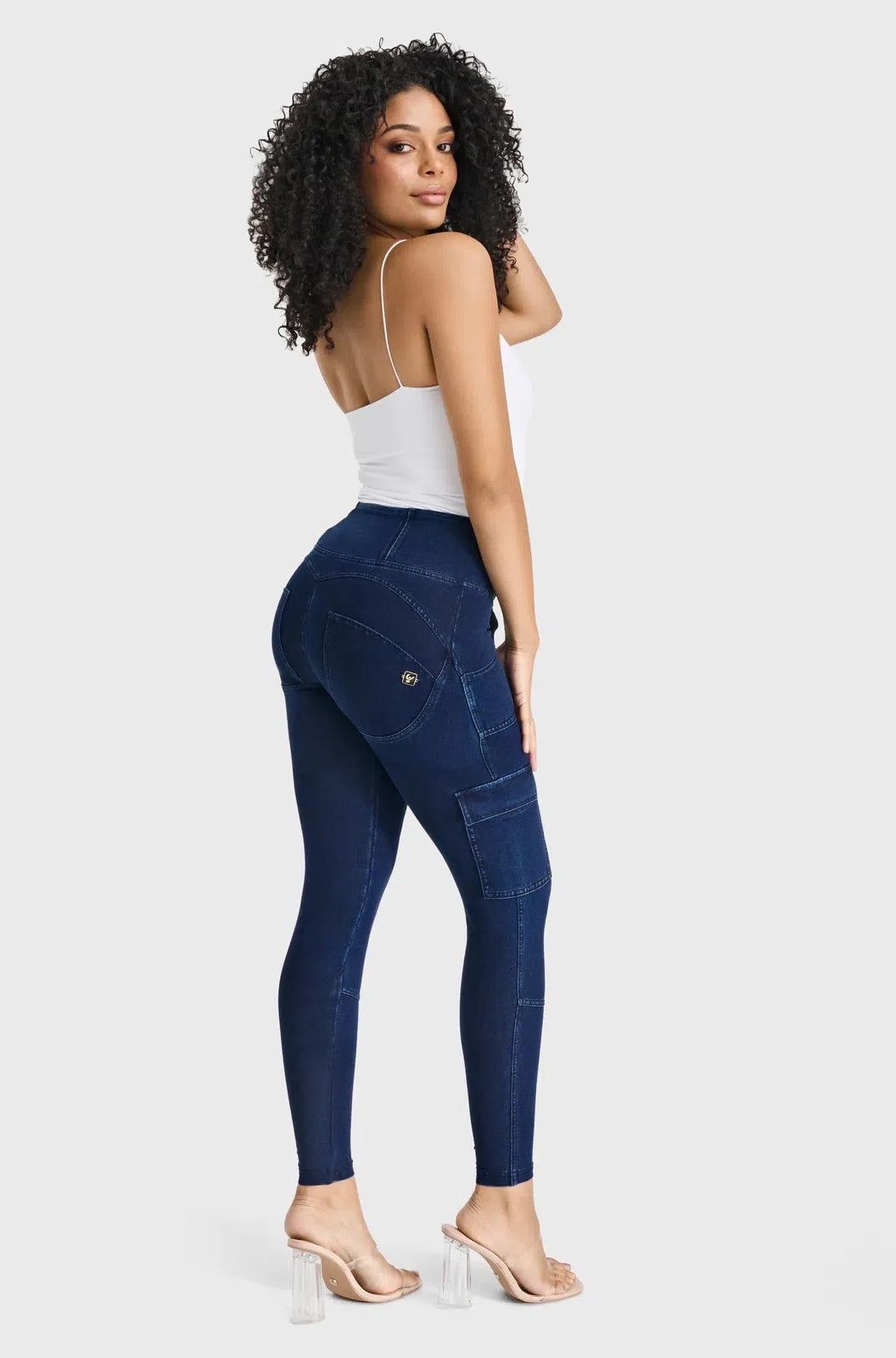 WRUP Cargo Denim - High Waisted - 7/8 Length - Dark Blue + Blue Stitching