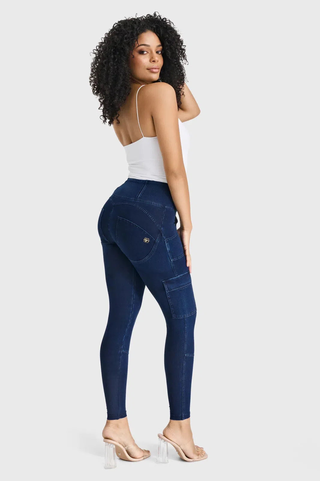 WRUP Cargo Denim - High Waisted - 7/8 Length - Dark Blue + Blue Stitching 1