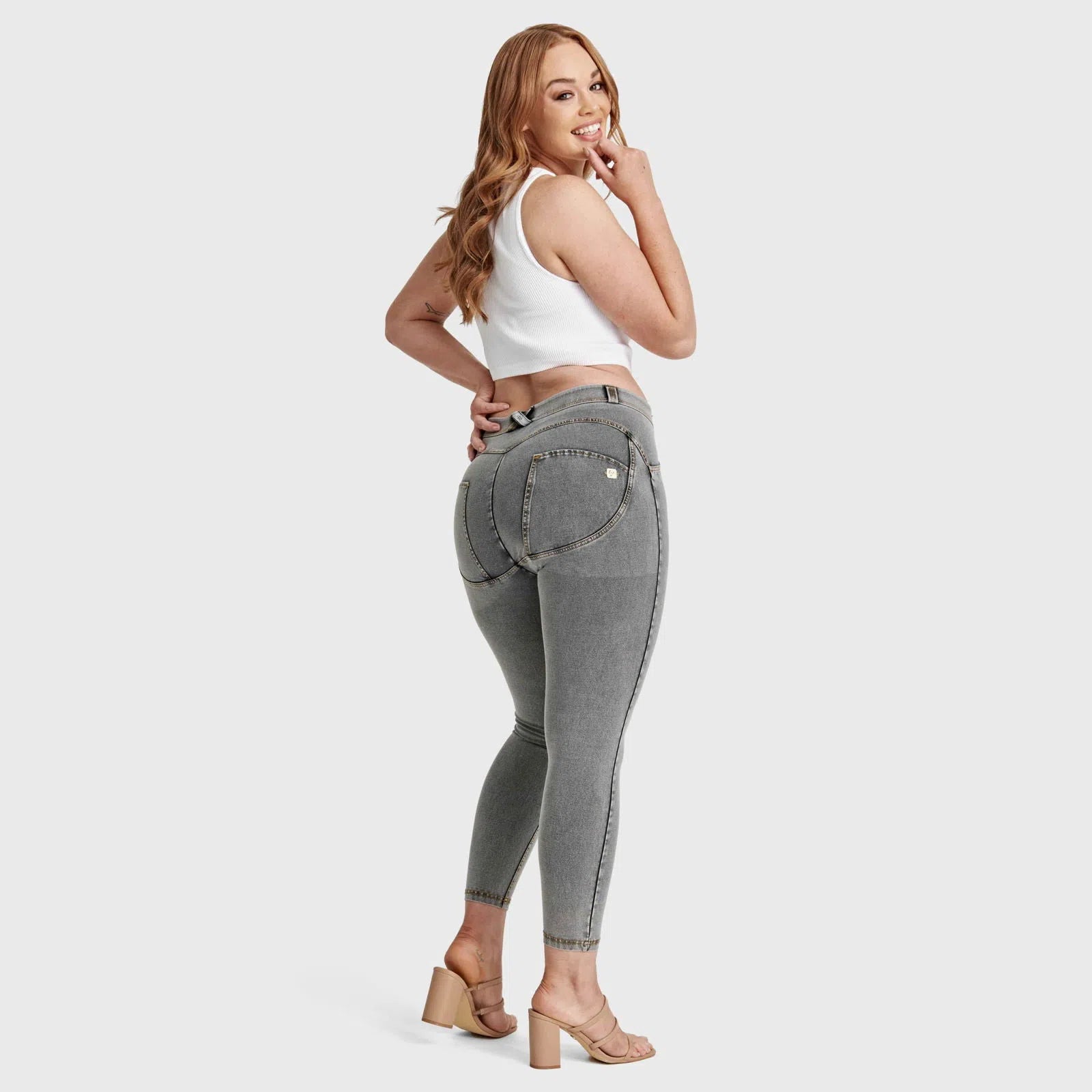 WRUP Curvy Denim - High Waisted - 7/8 Length - Grey + Yellow Stitching 2