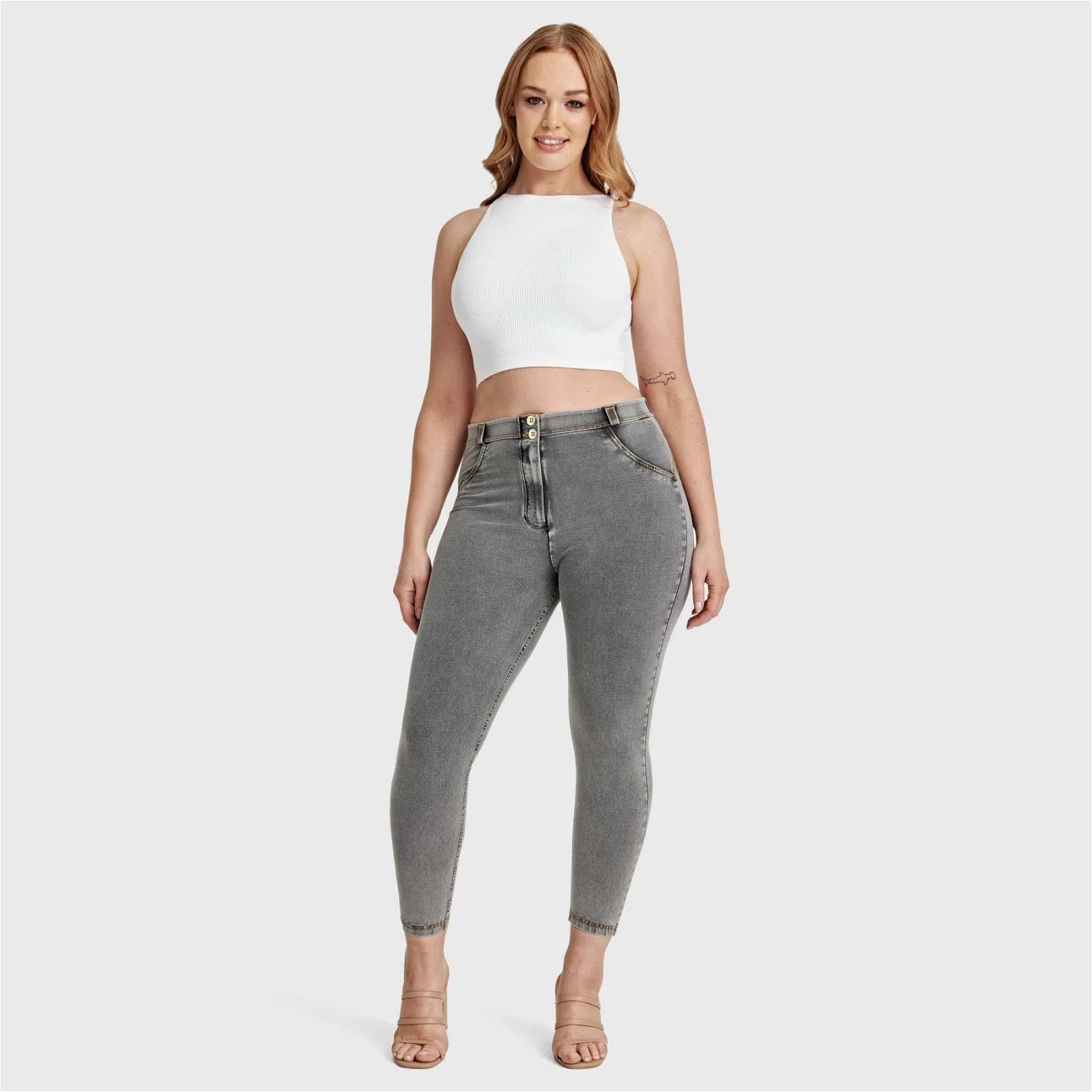 WRUP Curvy Denim - High Waisted - 7/8 Length - Grey + Yellow Stitching 3