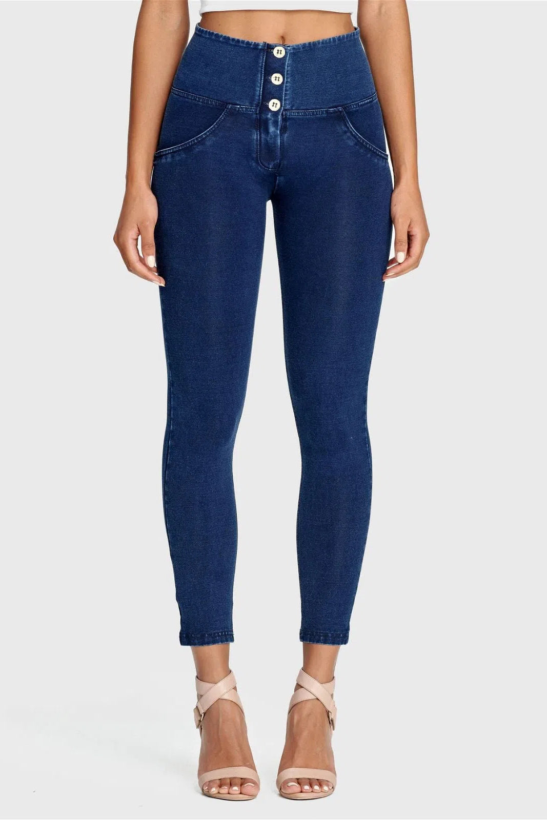 WRUP Denim - 3 Button High Waisted - 7/8 Length - Dark Blue + Blue Stitching 2