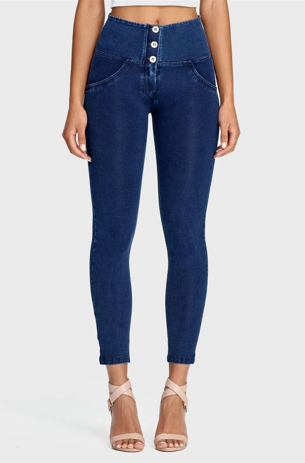WRUP Denim - 3 Button High Waisted - 7/8 Length - Dark Blue + Blue Stitching