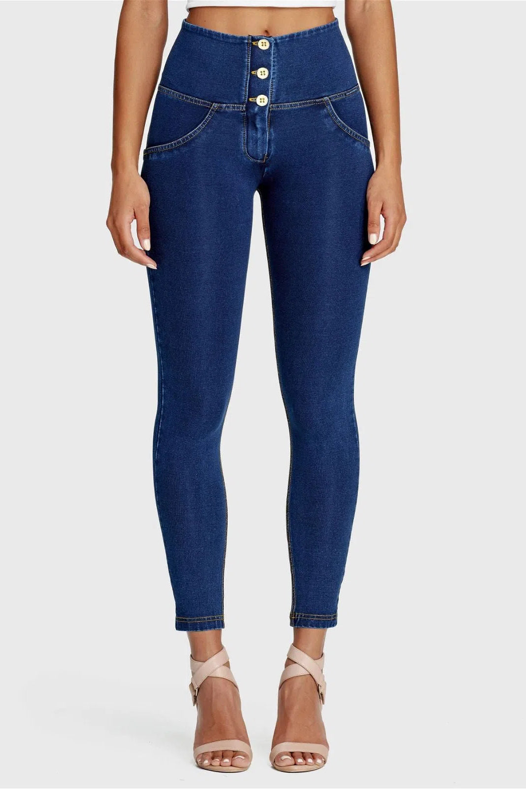 WRUP Denim - 3 Button High Waisted - 7/8 Length - Dark Blue + Yellow Stitching 2