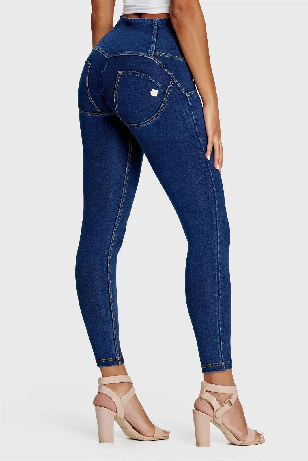 WRUP Denim - 3 Button High Waisted - 7/8 Length - Dark Blue + Yellow Stitching 3