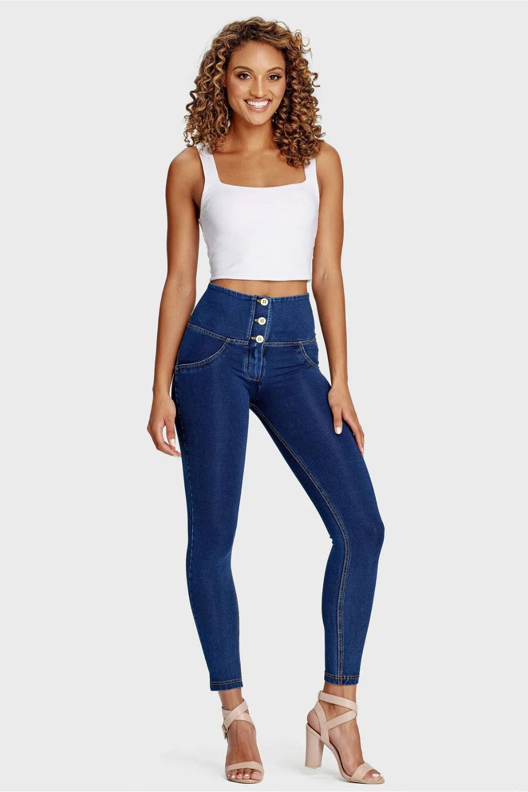WRUP Denim - 3 Button High Waisted - 7/8 Length - Dark Blue + Yellow Stitching 1