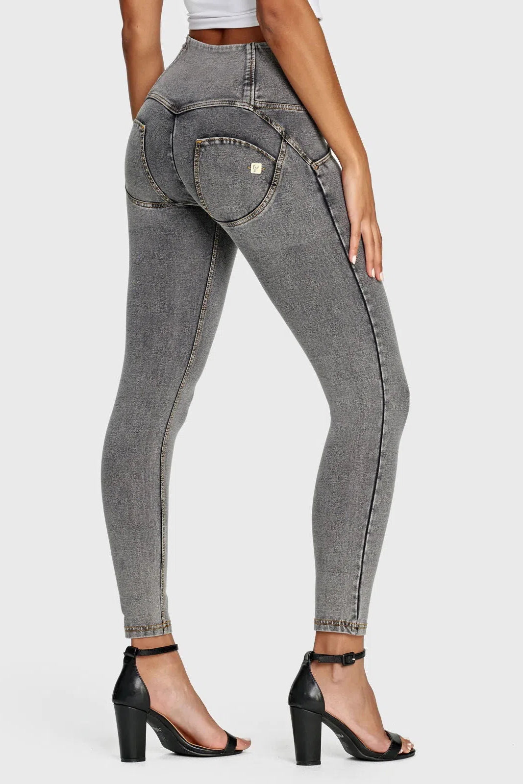 WRUP Denim - 3 Button High Waisted - 7/8 Length - Grey + Yellow Stitching 2