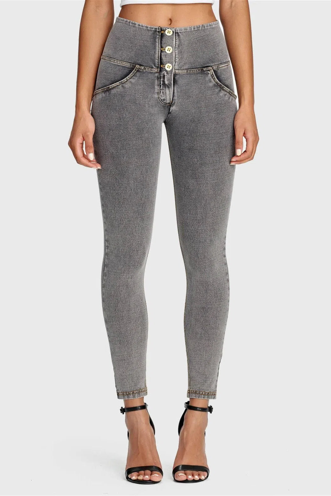 WRUP Denim - 3 Button High Waisted - 7/8 Length - Grey + Yellow Stitching 1