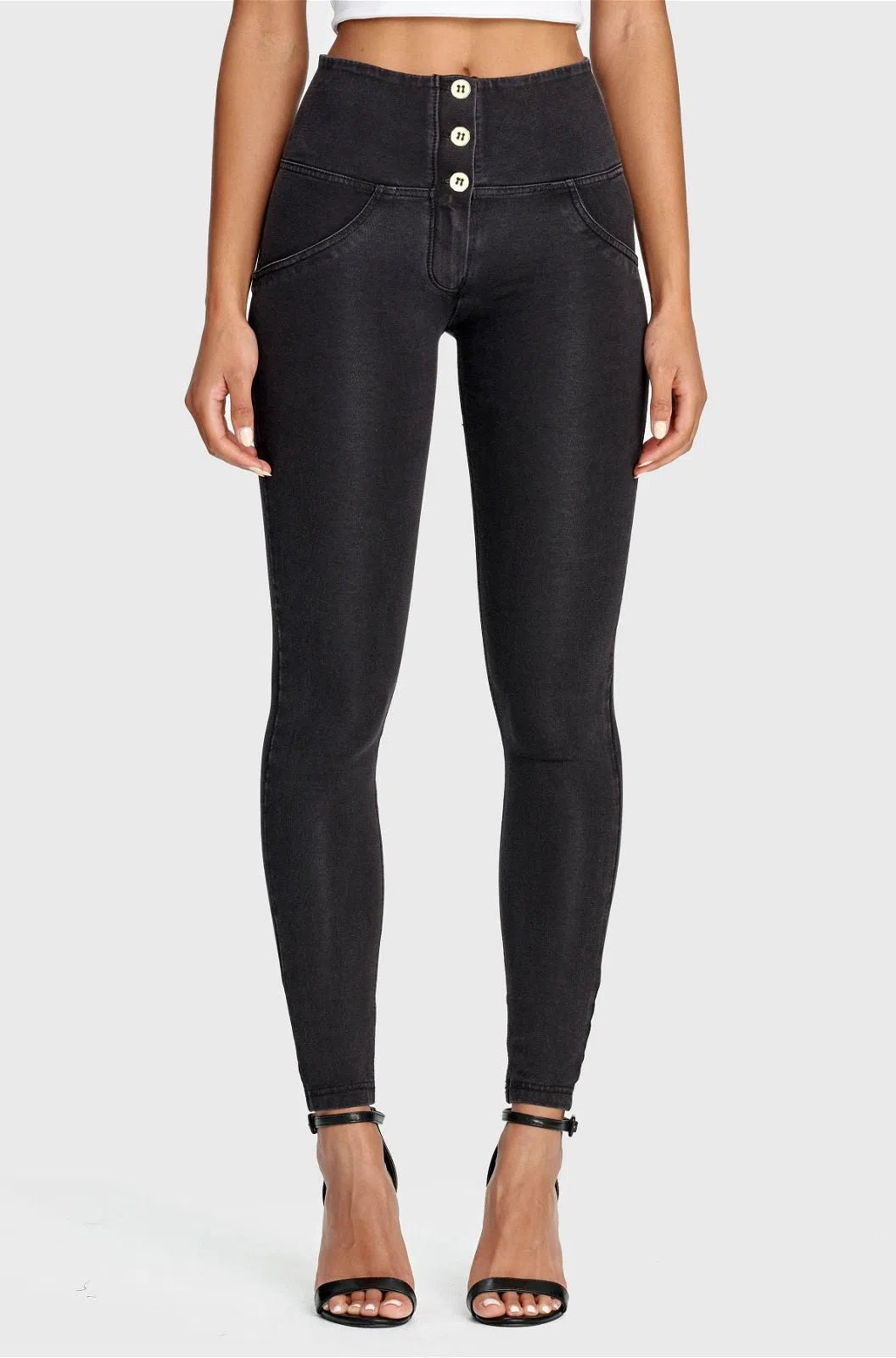 WRUP Denim - 3 Button High Waisted - Full Length - Black + Black Stitching