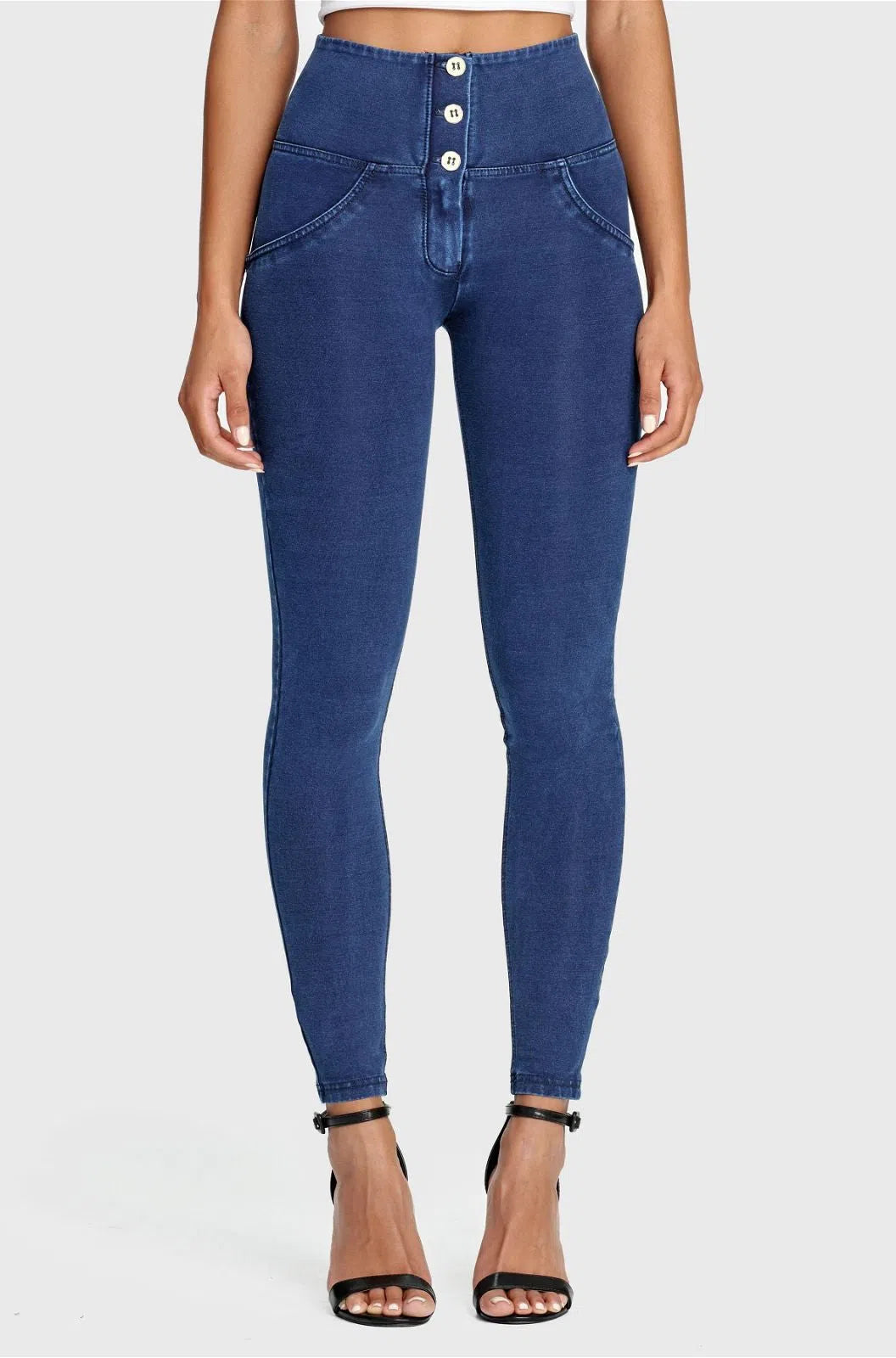 WRUP Denim - 3 Button High Waisted - Full Length - Dark Blue + Blue Stitching
