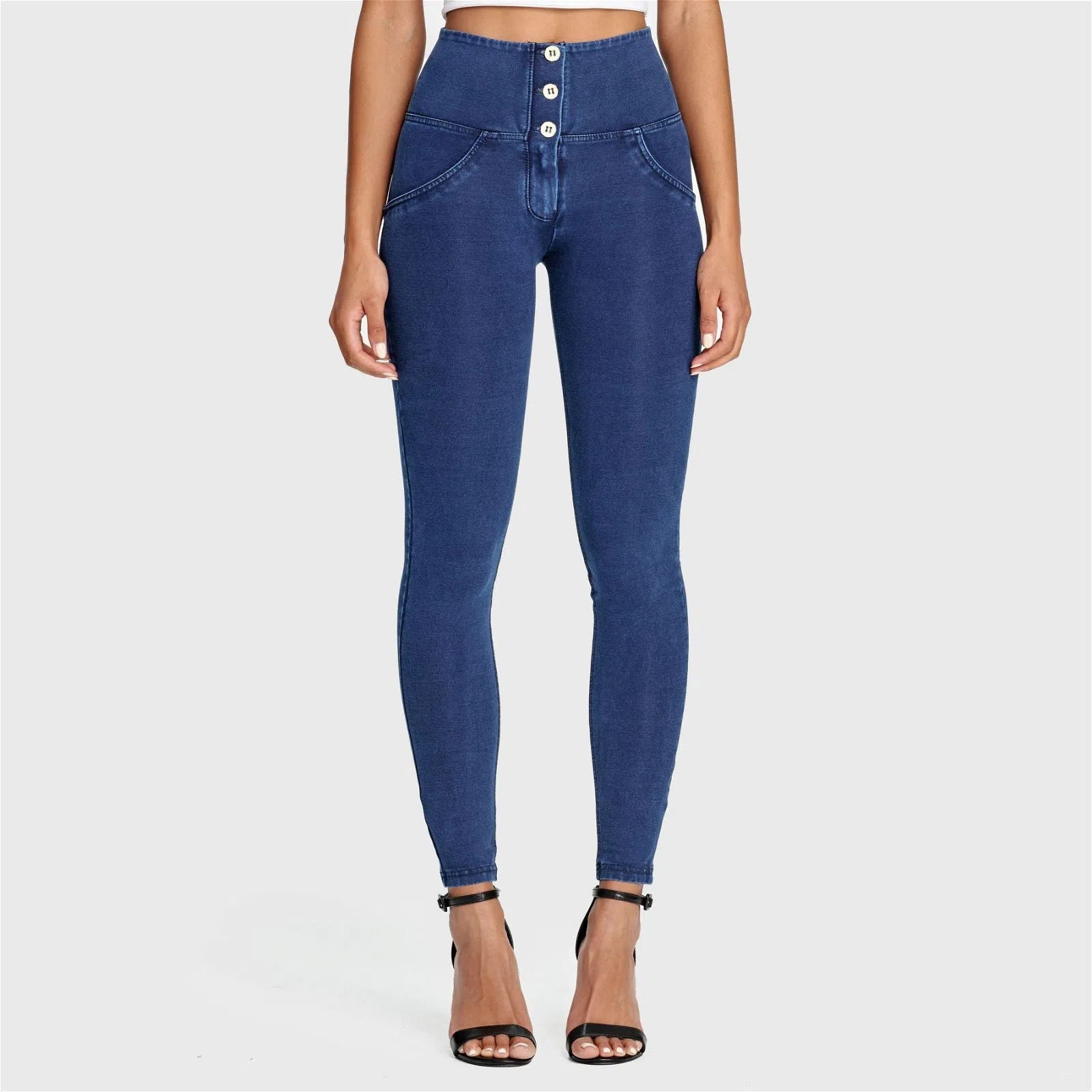 WRUP Denim - 3 Button High Waisted - Full Length - Dark Blue + Blue Stitching 1