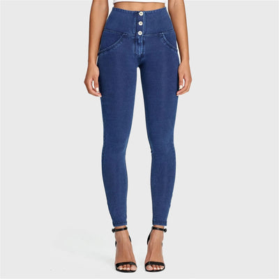 WRUP Denim - 3 Button High Waisted - Full Length - Dark Blue + Blue Stitching