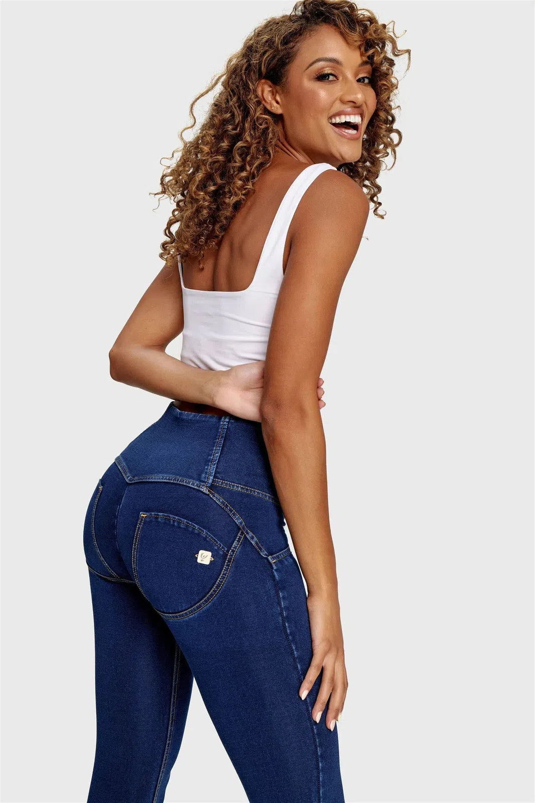 WRUP Denim - 3 Button High Waisted - Full Length - Dark Blue + Yellow Stitching 2