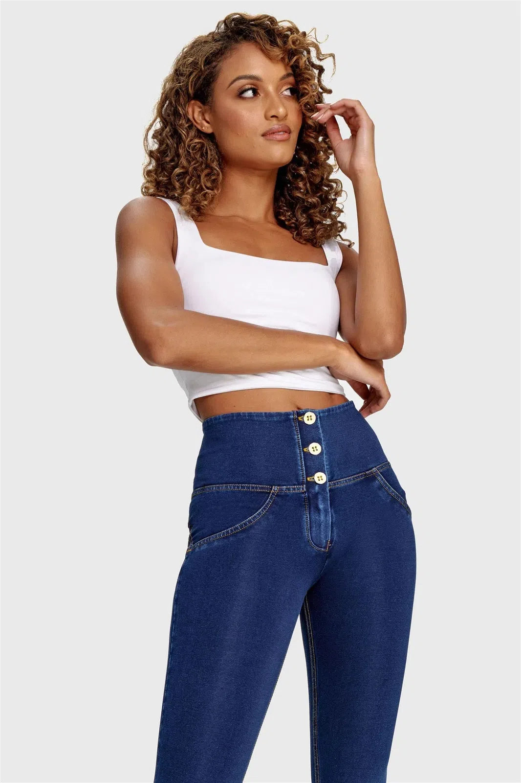 WRUP Denim - 3 Button High Waisted - Full Length - Dark Blue + Yellow Stitching 3