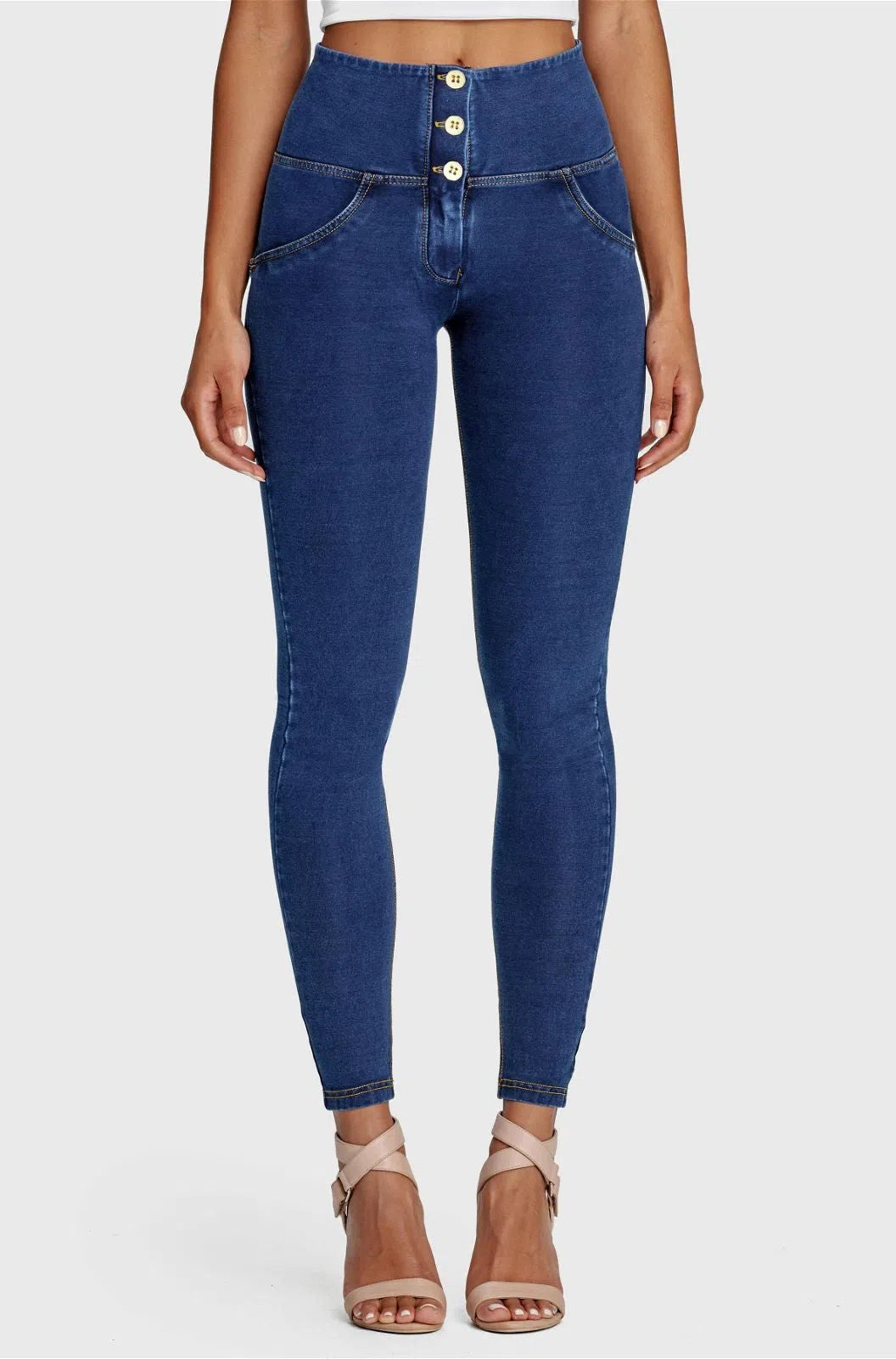 WRUP Denim - 3 Button High Waisted - Full Length - Dark Blue + Yellow Stitching