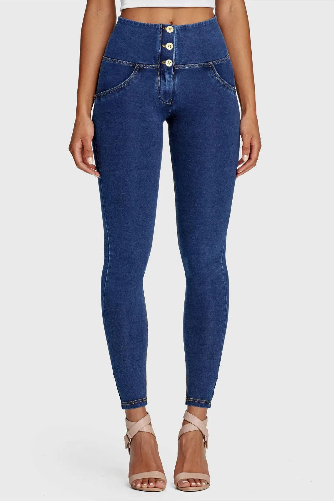 WRUP Denim - 3 Button High Waisted - Full Length - Dark Blue + Yellow Stitching 1