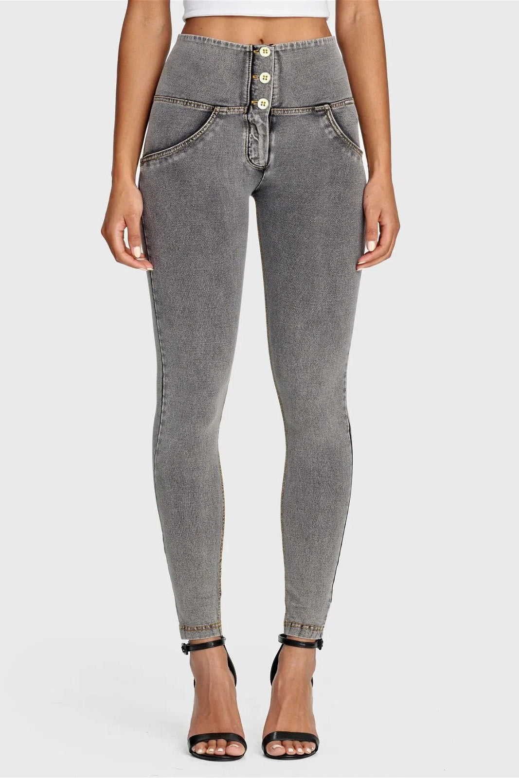 WRUP Denim - 3 Button High Waisted - Full Length - Grey + Yellow Stitching 2