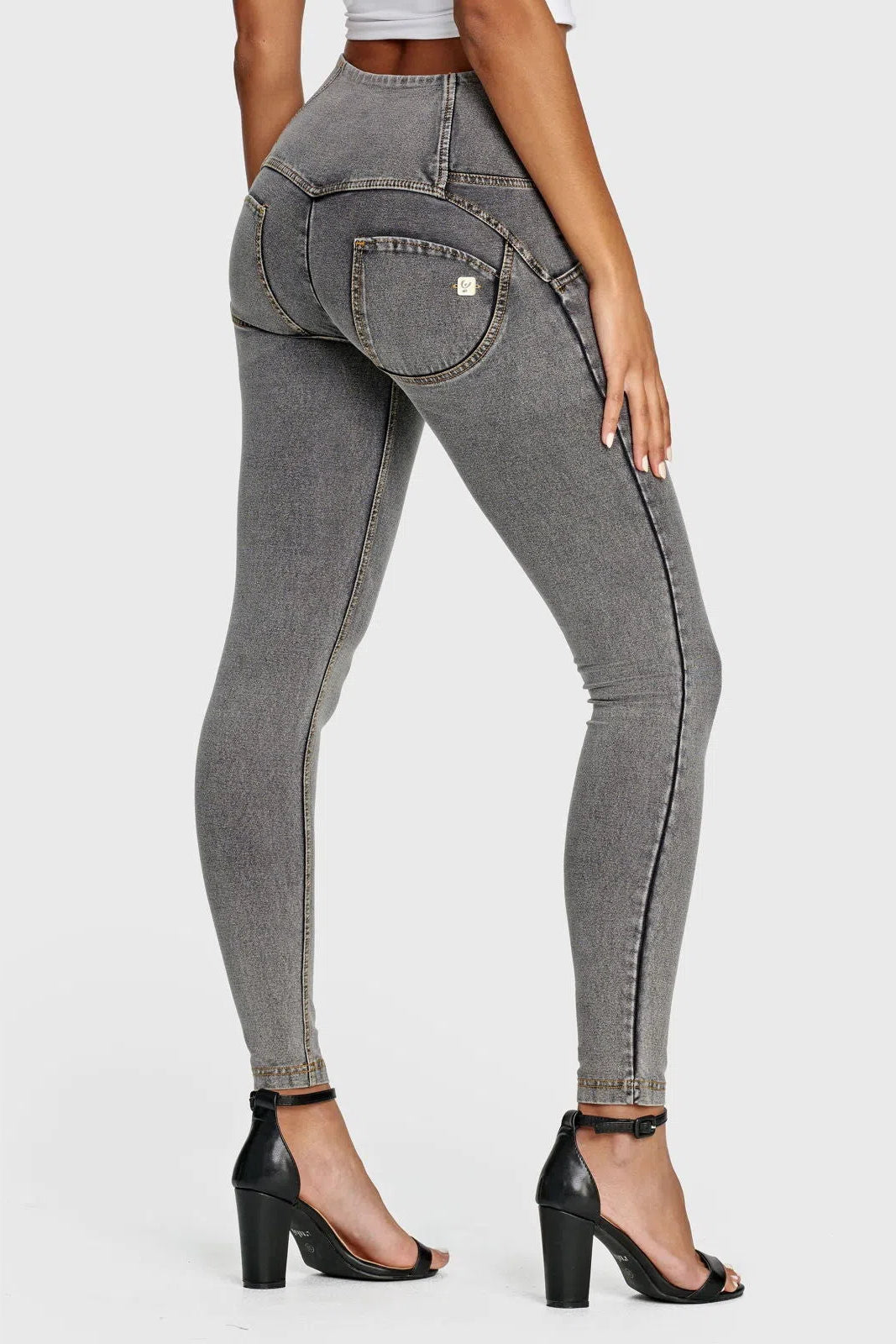 WRUP Denim - 3 Button High Waisted - Full Length - Grey + Yellow Stitching 3