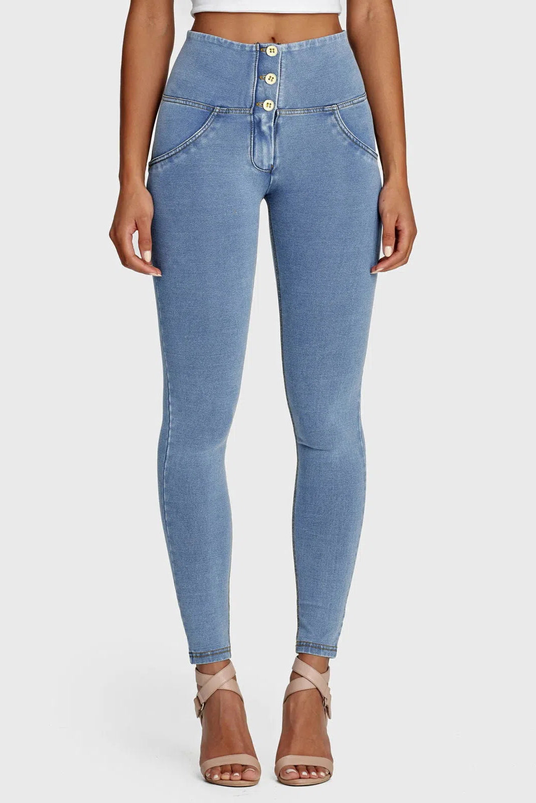 WRUP Denim - 3 Button High Waisted - Full Length - Light Blue + Yellow Stitching 2