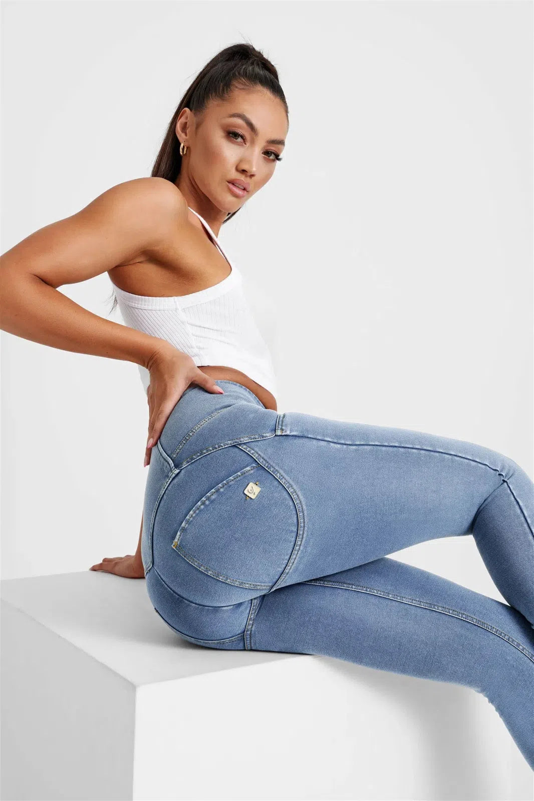 WRUP Denim - 3 Button High Waisted - Full Length - Light Blue + Yellow Stitching 3