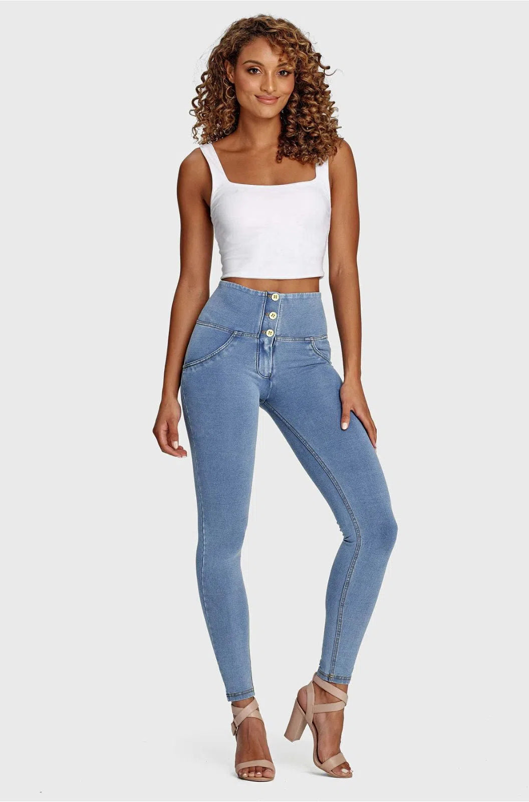 WRUP Denim - 3 Button High Waisted - Full Length - Light Blue + Yellow Stitching