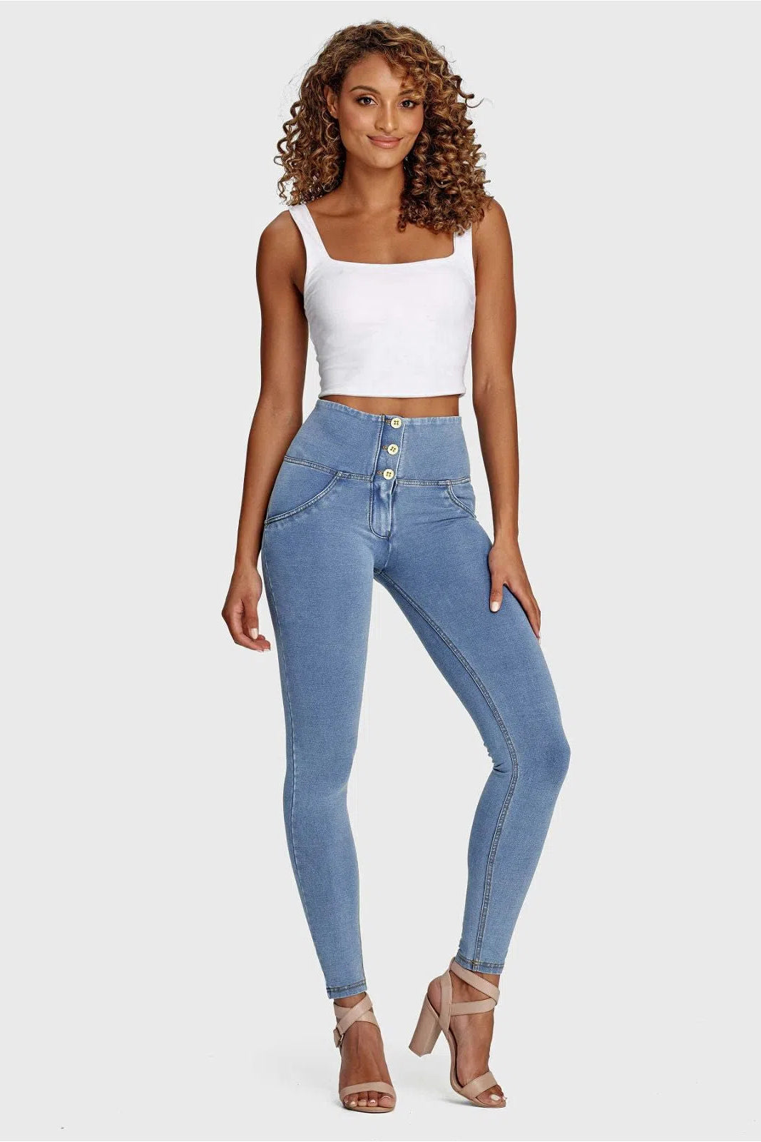 WRUP Denim - 3 Button High Waisted - Full Length - Light Blue + Yellow Stitching 1