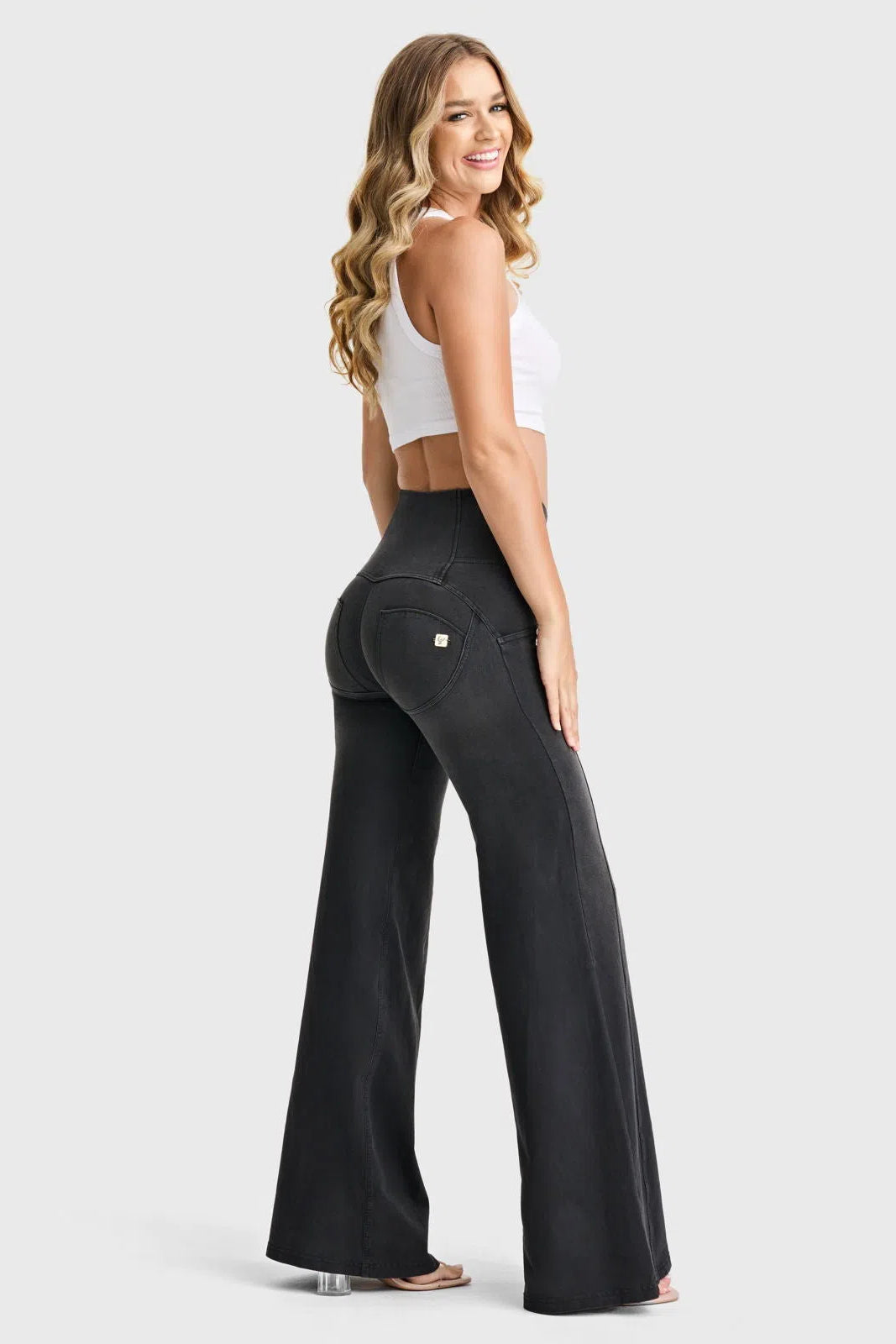 WRUP Denim - 3 Button High Waisted - Palazzo Flare - Black + Black Stitching 3