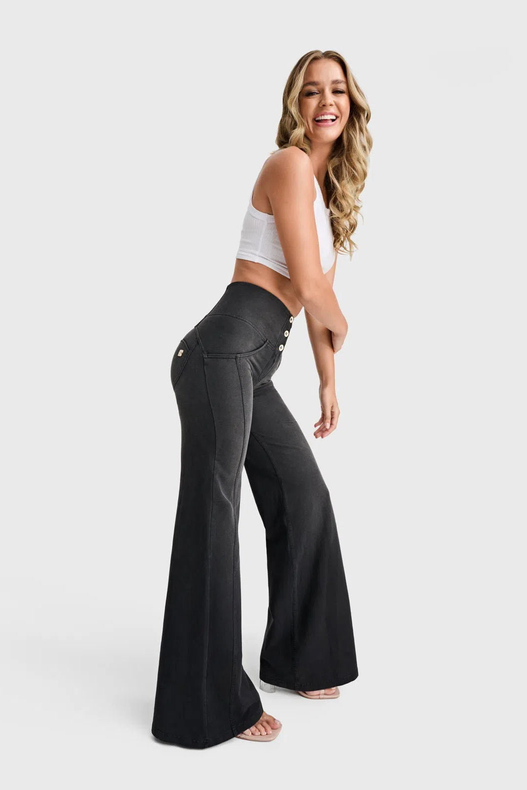 WRUP Denim - 3 Button High Waisted - Palazzo Flare - Black + Black Stitching 1