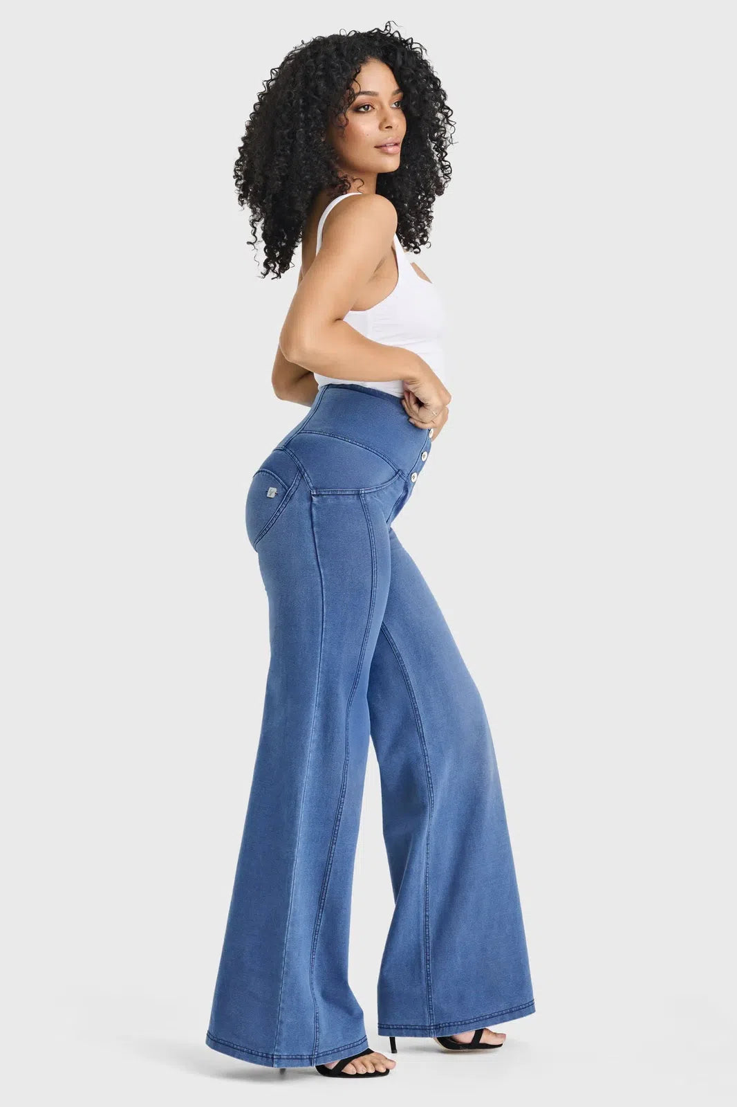 WRUP Denim - 3 Button High Waisted - Palazzo Flare - Light Blue + Blue Stitching 2