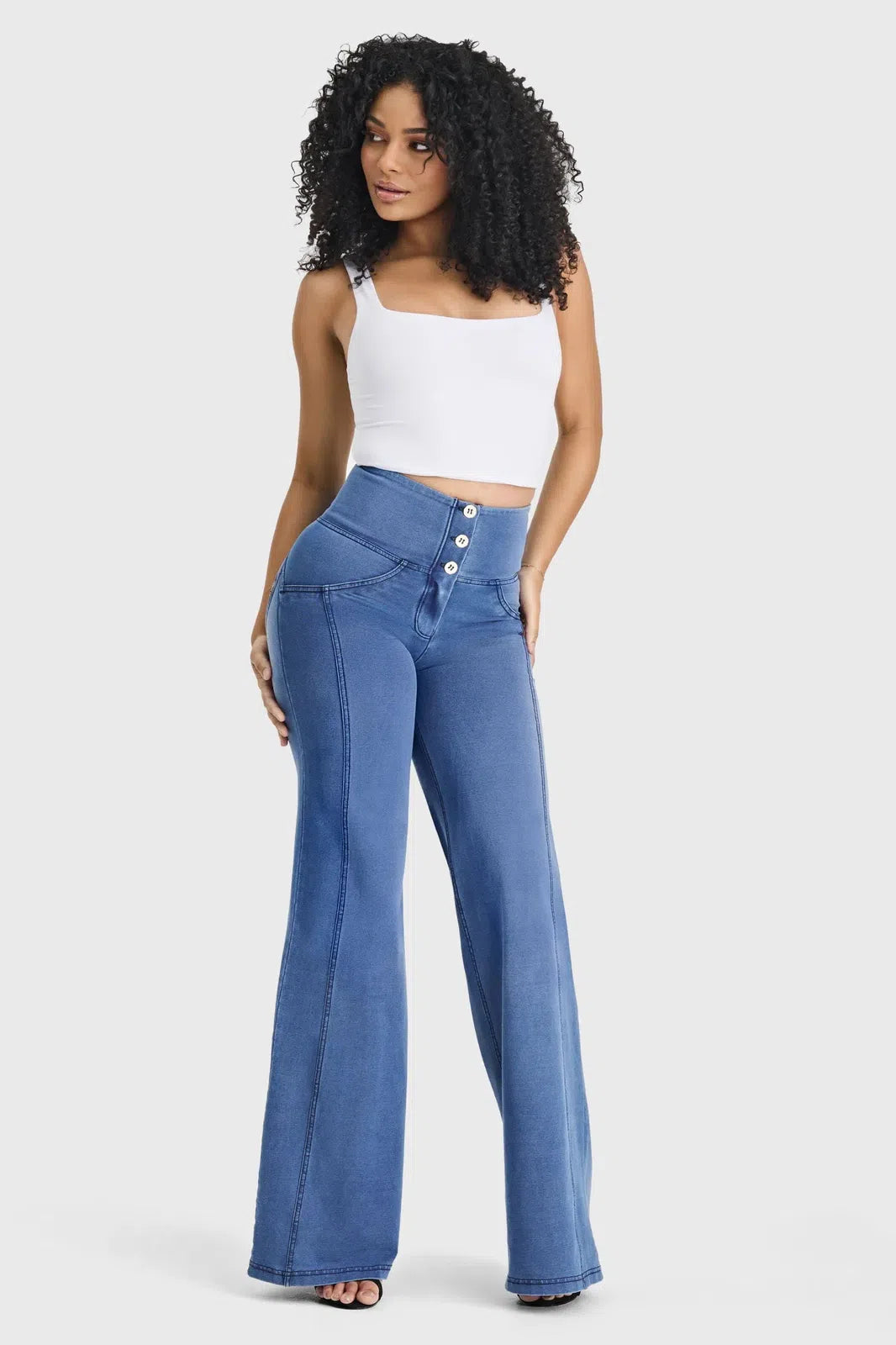 WRUP Denim - 3 Button High Waisted - Palazzo Flare - Light Blue + Blue Stitching 3