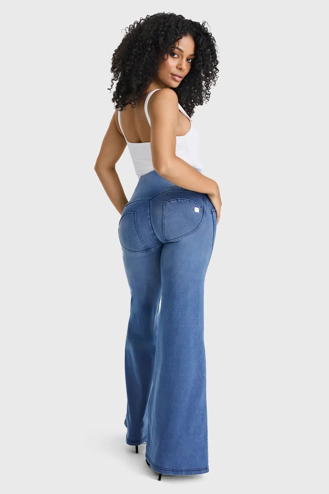 WRUP Denim - 3 Button High Waisted - Palazzo Flare - Light Blue + Blue Stitching 1