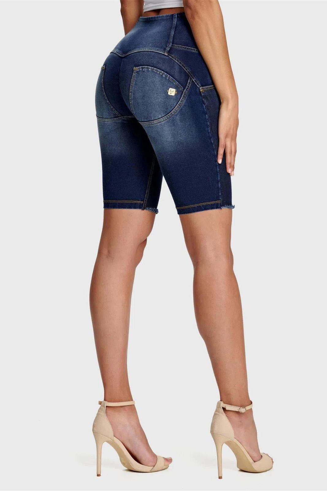 WRUP Denim - High Waisted - 3 Button Biker Shorts - Dark Blue + Yellow Stitching 2