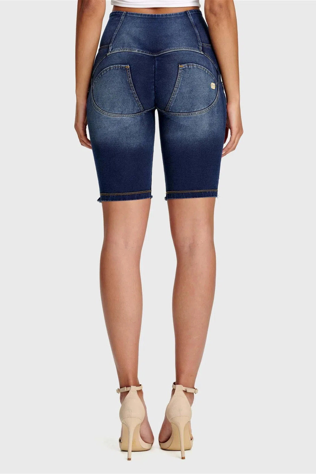 WRUP Denim - High Waisted - 3 Button Biker Shorts - Dark Blue + Yellow Stitching 3