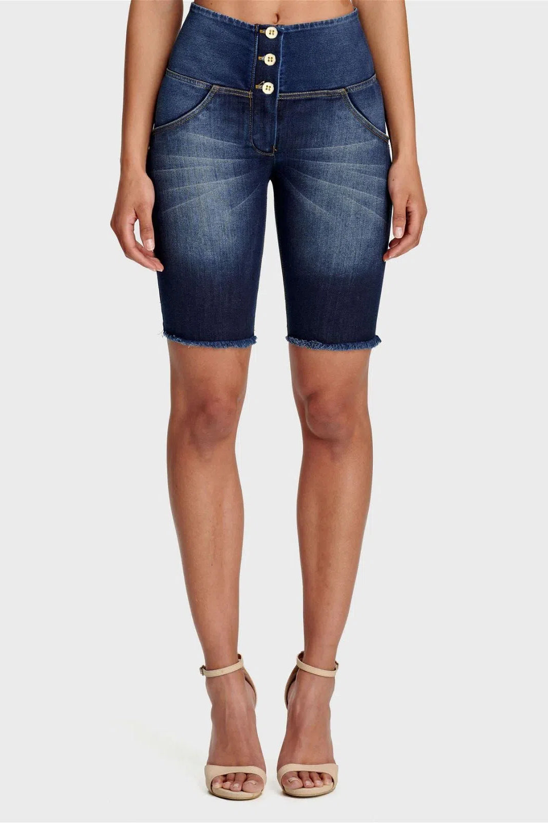 WRUP Denim - High Waisted - 3 Button Biker Shorts - Dark Blue + Yellow Stitching 1