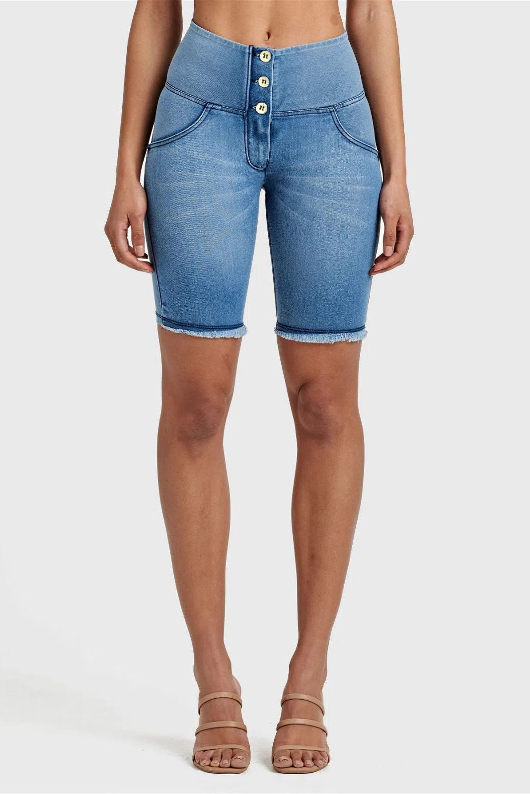 WRUP Denim - High Waisted - 3 Button Biker Shorts - Light Blue + Blue Stitching 2