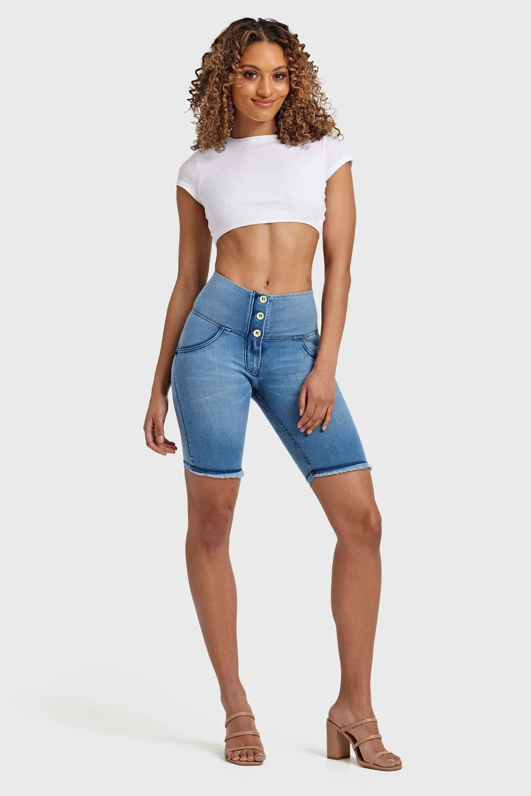 WRUP Denim - High Waisted - 3 Button Biker Shorts - Light Blue + Blue Stitching 1