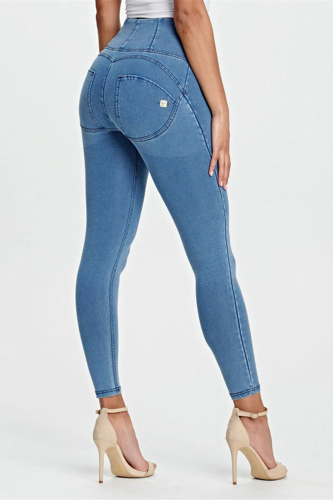 WRUP Denim - High Waisted - 7/8 Length - Light Blue + Blue Stitching 2