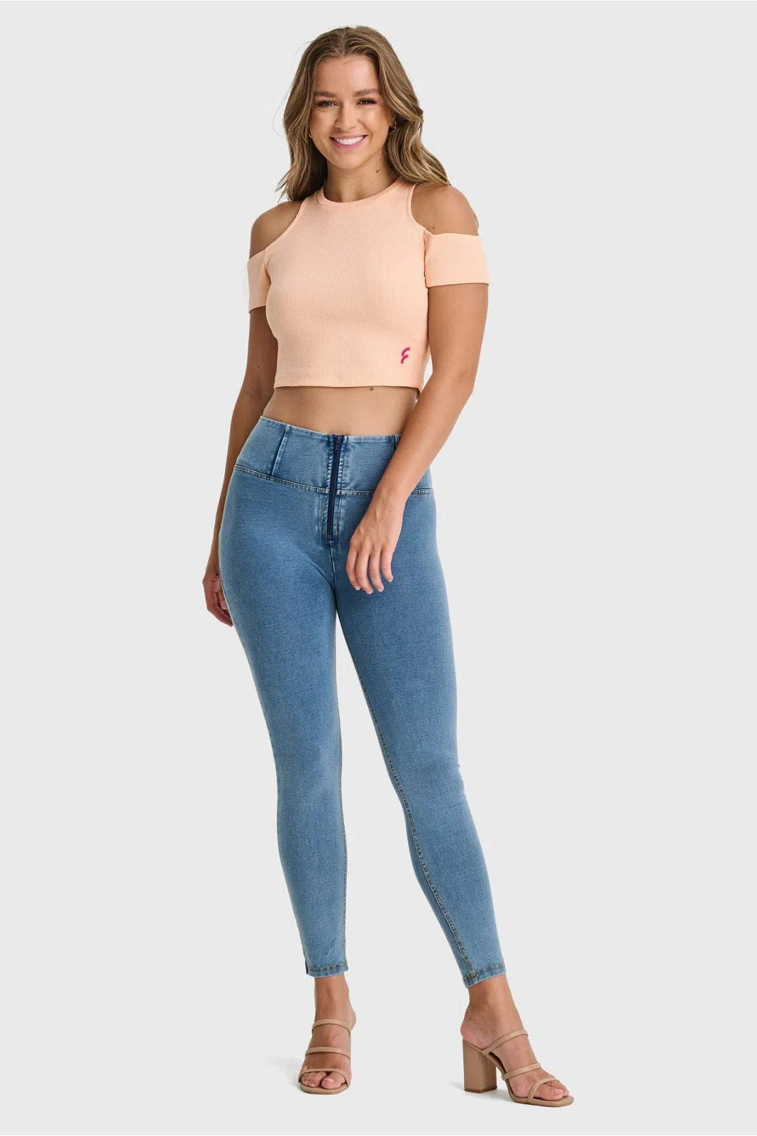 WRUP Denim - High Waisted - 7/8 Length - Light Blue + Yellow Stitching 2