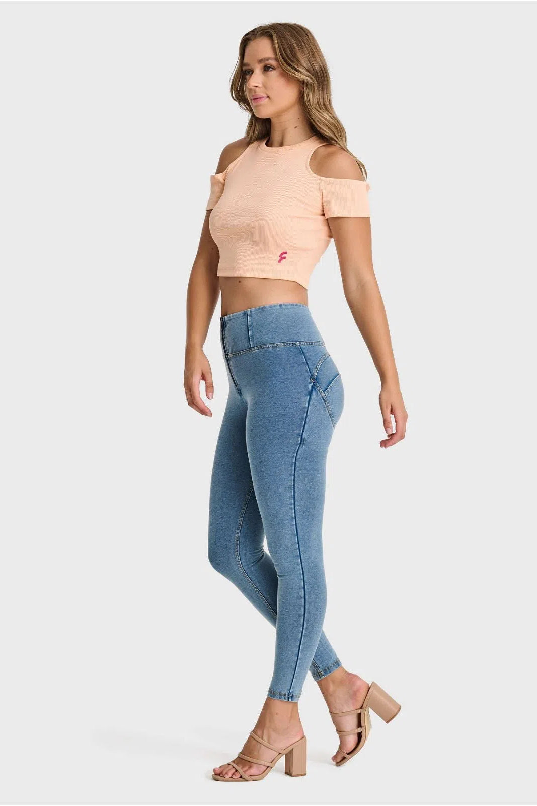 WRUP Denim - High Waisted - 7/8 Length - Light Blue + Yellow Stitching 3