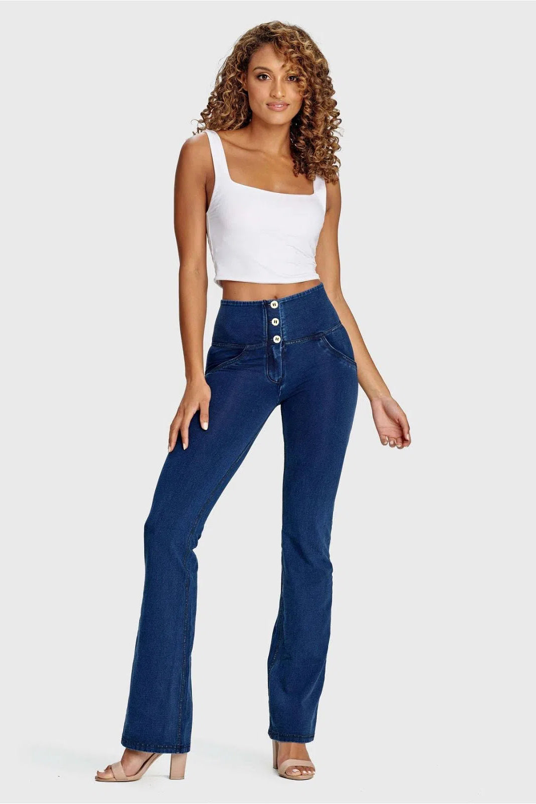 WRUP Denim - High Waisted - Bell Bottom Flare - Dark Blue + Blue Stitching 1